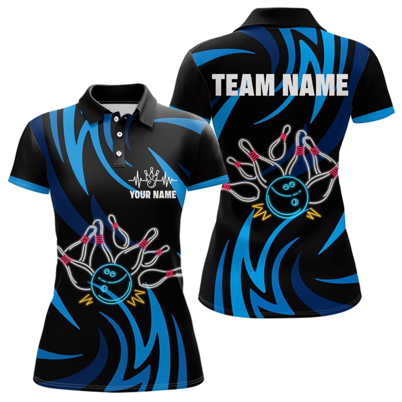 PIONAMZIOZ Custom Neon Blue Bowling Shirt for Men Women Black & Blue Bowling Team League Polo & Quarter Zip (US, Alpha, Small, 5X-Large, Regular, Regular, Women Polo)