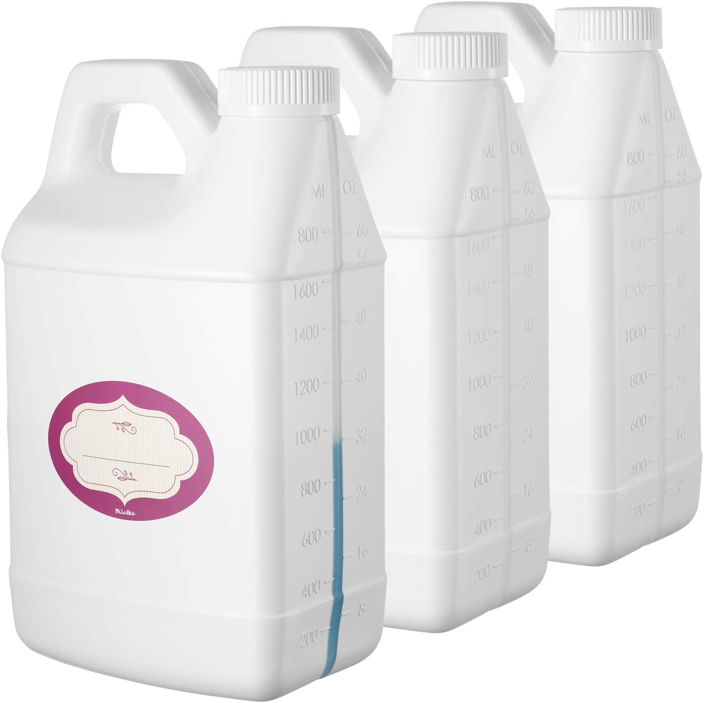 Pack of 3 - Rectangular White F-Style Jugs - Empty 64 oz Plastic Bottle with Scale Line - Jug Container with Child Resistant Airtight Lids and Labels - for Home and Commercial Use - BPA Free HDPE