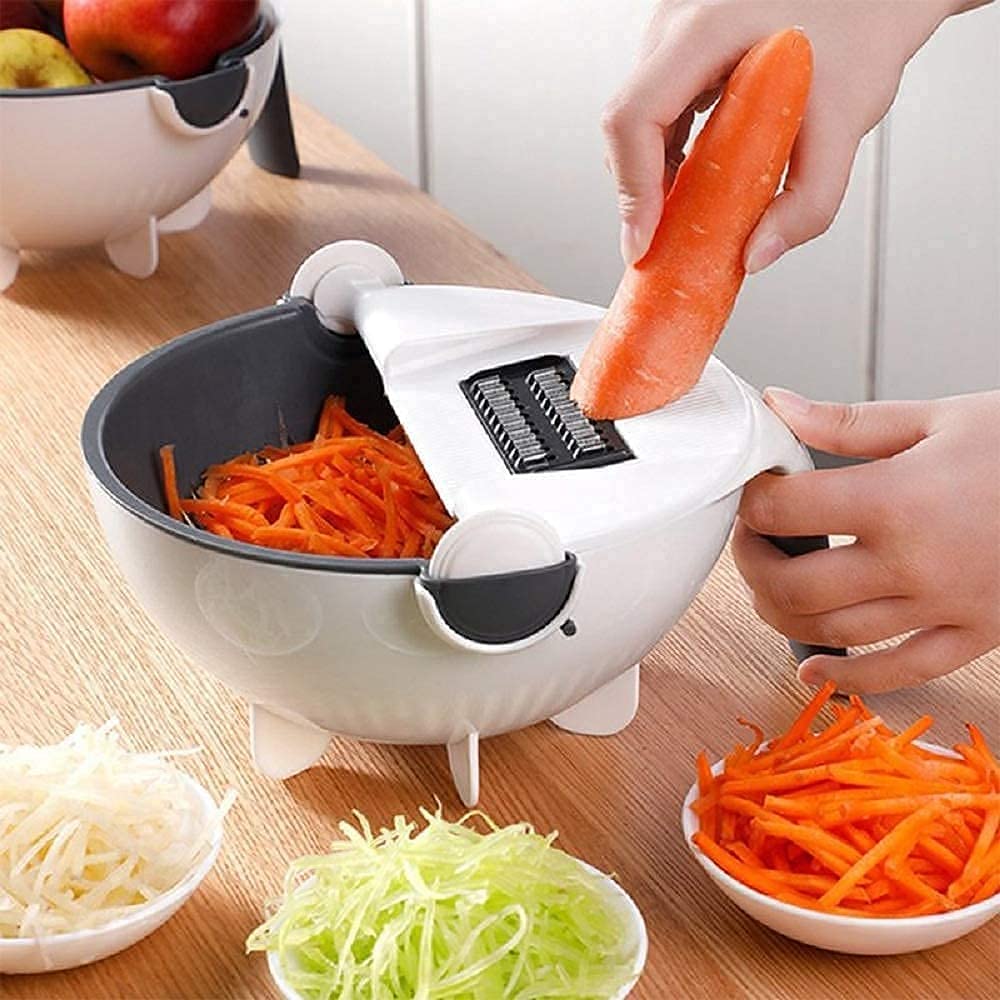 KREZON 9 in 1 Multifunction Plastic Magic Rotate Vegetable Cutter with Drain Basket Large Capacity Vegetables Chopper Veggie Shredder Grater Portable Slicer Kitchen Tool, Multicolor, 22 x 22 x 11 cm