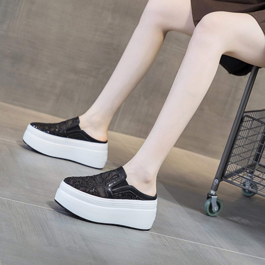 [チエチム] スニーカー レディース かかとなし ローファー スリッポン 厚底 8cm ハイヒール レース 黒 白 サンダル スリッ