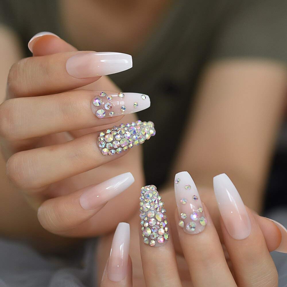 Amazon.com: Crystal Ombre Nails Full Designed Rhinestones Ballerina Fake  Nails Long Natural White Designer Nail Art Tips : Beauty & Personal Care
