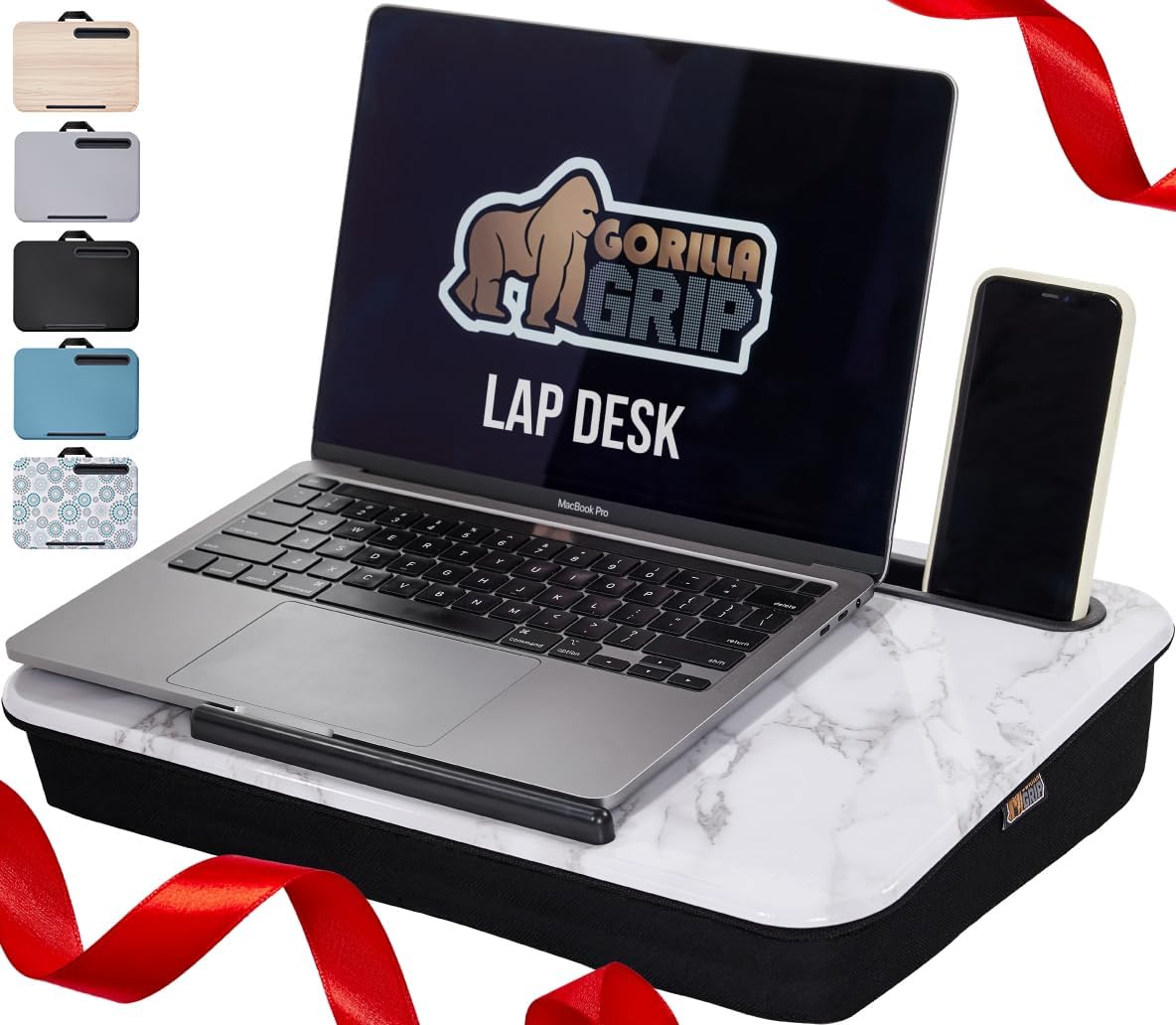 GORILLA GRIP Laptop Lap Desk with Phone Holder, Pillow Cushion Desks Fit Laptops up to 15.6", Gifts for Home, Portable Travel Workstation, Tray Ledge Keep Computers in Place, Marble Pattern