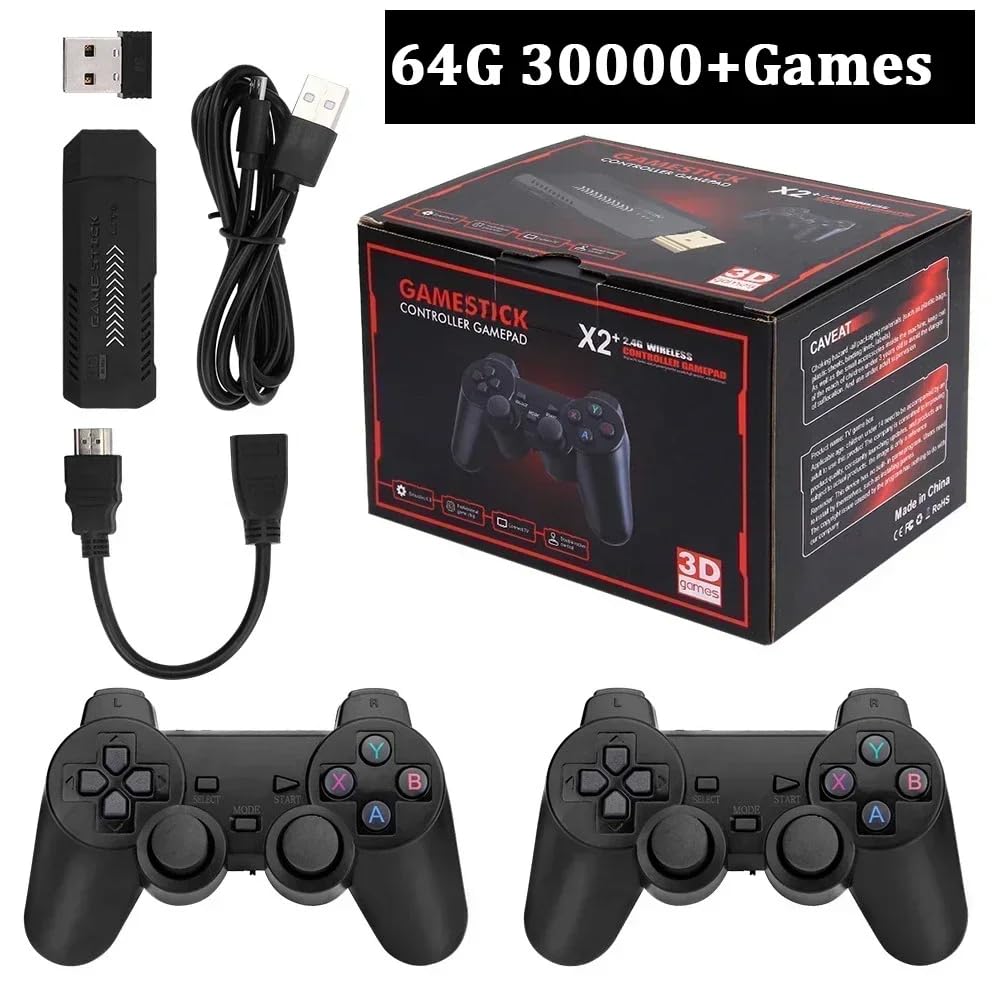Contents of the X2+ Game Stick package including the game stick, two controllers, cables, and box