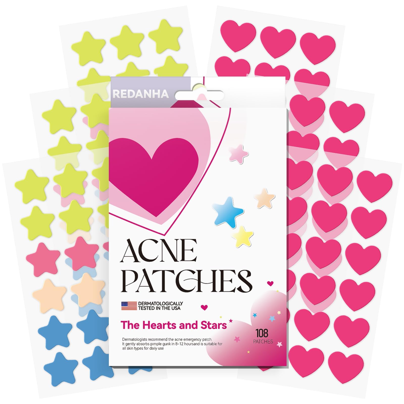 108 Count Heart Star PimPle Patches for Face Hydrocolloid Acne Pimple Patch with Tea Tree Oil for Party
