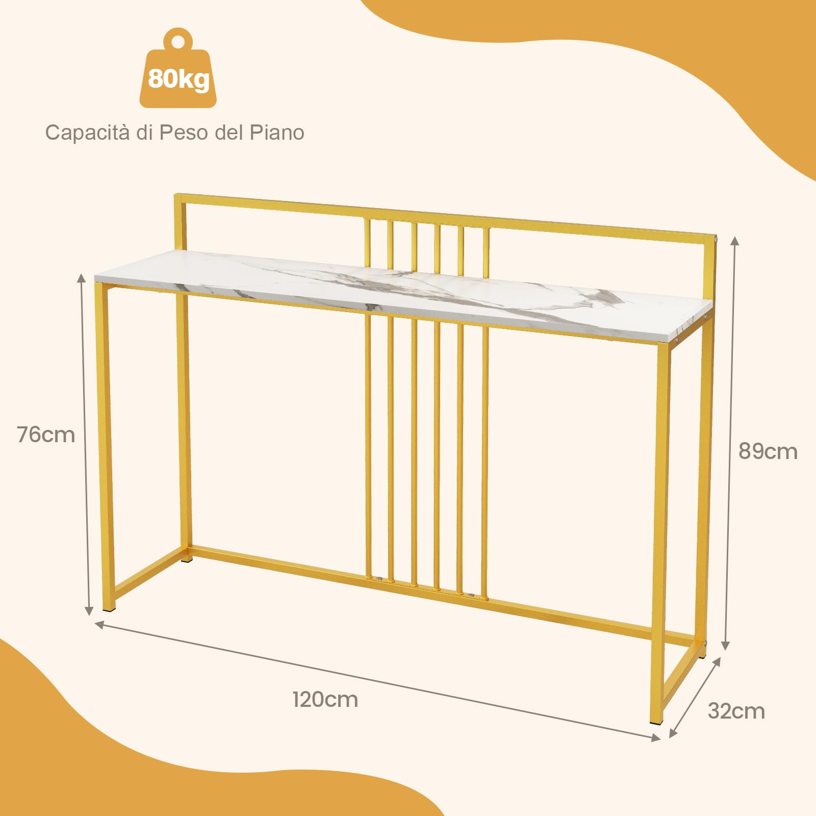 RELAX4LIFE Tavolo Consolle 120x32x89CM, Tavolo da Ingresso con Piano in Finto Marmo, Struttura in Metallo, Kit Antiribaltamento, Tavolino Moderno per Ingresso, Soggiorno, Camera da Letto (MODELLO 2)
