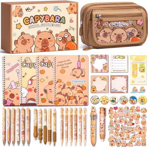 Fimibuke Kid School Supplies for Girl Age 5 6 7 8-12 13 14 Year Old 36PCS Kawaii Tween Teen Girl Back to School Gifts Capybara Stationery Set w/Pencil Case Gel Pen Pencil Sticker Notebook Sticky Note