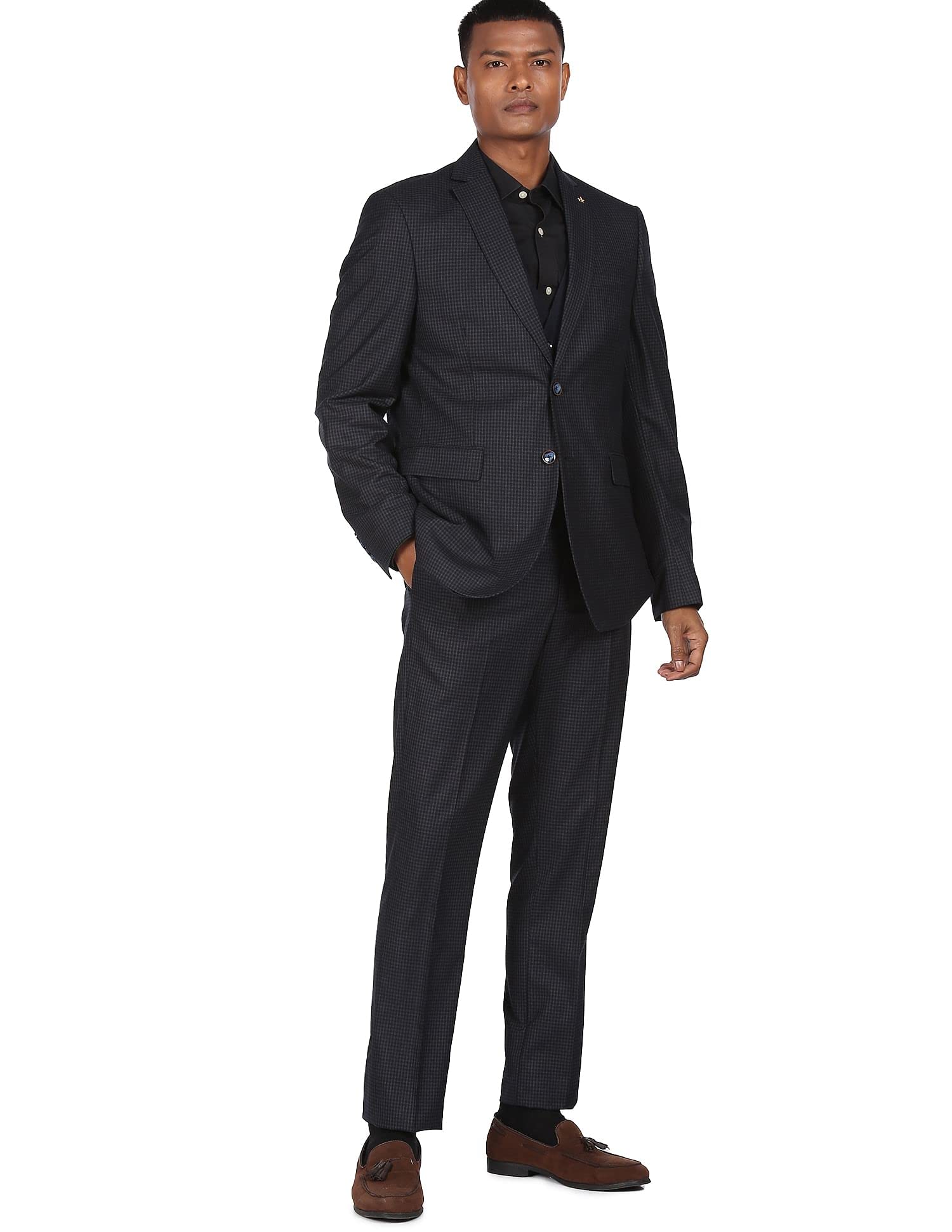 arrow Polyester Men Dark Blue and Charcoal Tailored Regular Fit Check Formal Suit Business Pants Set-picture-12