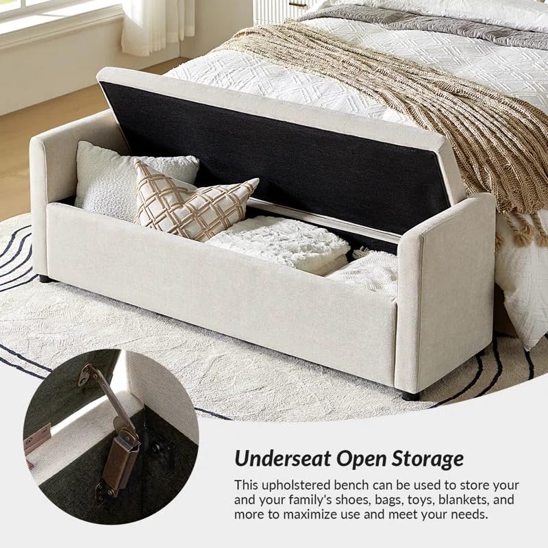 Image of Upholstered Storage Bench with Armrests | Fabric Sofa Bench with Hidden Storage & Cushions | Bedroom Living Room Entryway Seating | Modern Ottoman Bench Footrest End of Bed Bench | Beige
