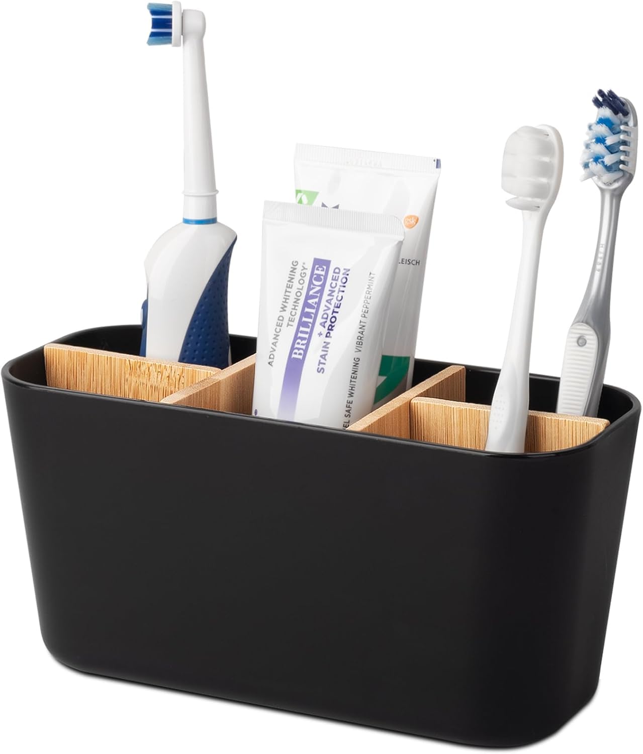 Bingobang Toothbrush Holder for Bathroom, Bamboo Electric Toothbrush and Toothpaste Holder with 5 Storage Slots, Toothbrush Caddy Organiser for Family Bathroom Countertop (Black)