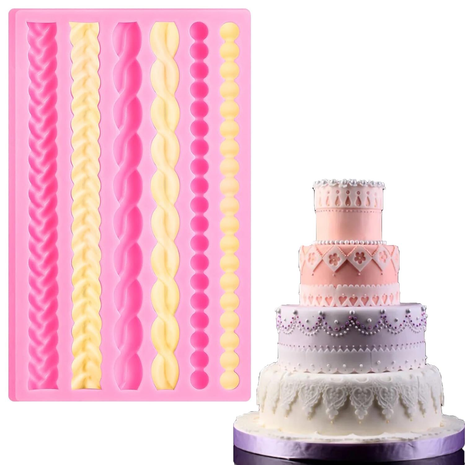 BITSKY INDIA Silicone Pearl Rope Design Crust 6 Multi Design Mold Baking Pie Crust Cutter, Pearl Fondant Mold Rope Bead Mold Cookie Cutter Pastry Cookie Fondant Stamper for Cake Chocolate Candy