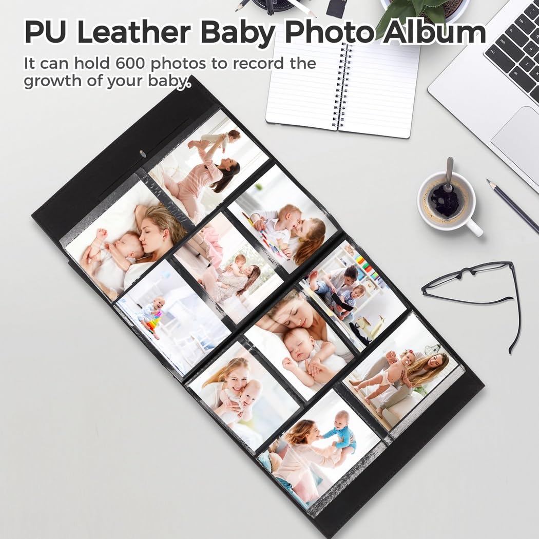Álbum de fotos de bebé para 600 fotos, cubierta de piel sintética con bolsillos de 4 x 6 pulgadas, ideal para recién nacidos, bebés, niñas, bodas, aniversarios, vacaciones