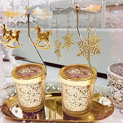 Spinning Candle Holder, Gold Rotary Tea Light Holder Rotating Candlestick Frosted Glass Scandinavian Design For Romantic Wedding Home Table Decor Christmas Holiday Favor ( Carousel+Snowflake) #TOP5