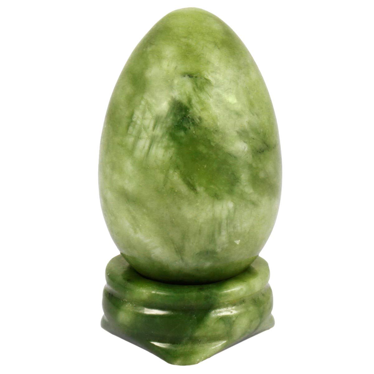 mookaitedecor Natural Green Jade Egg Ornament with Stand, Reiki Healing Crystal Egg Handmade Semi Precious Stone Decor for Good Luck Feng Shui, Egg Size 45x30mm/1.77x1.2”