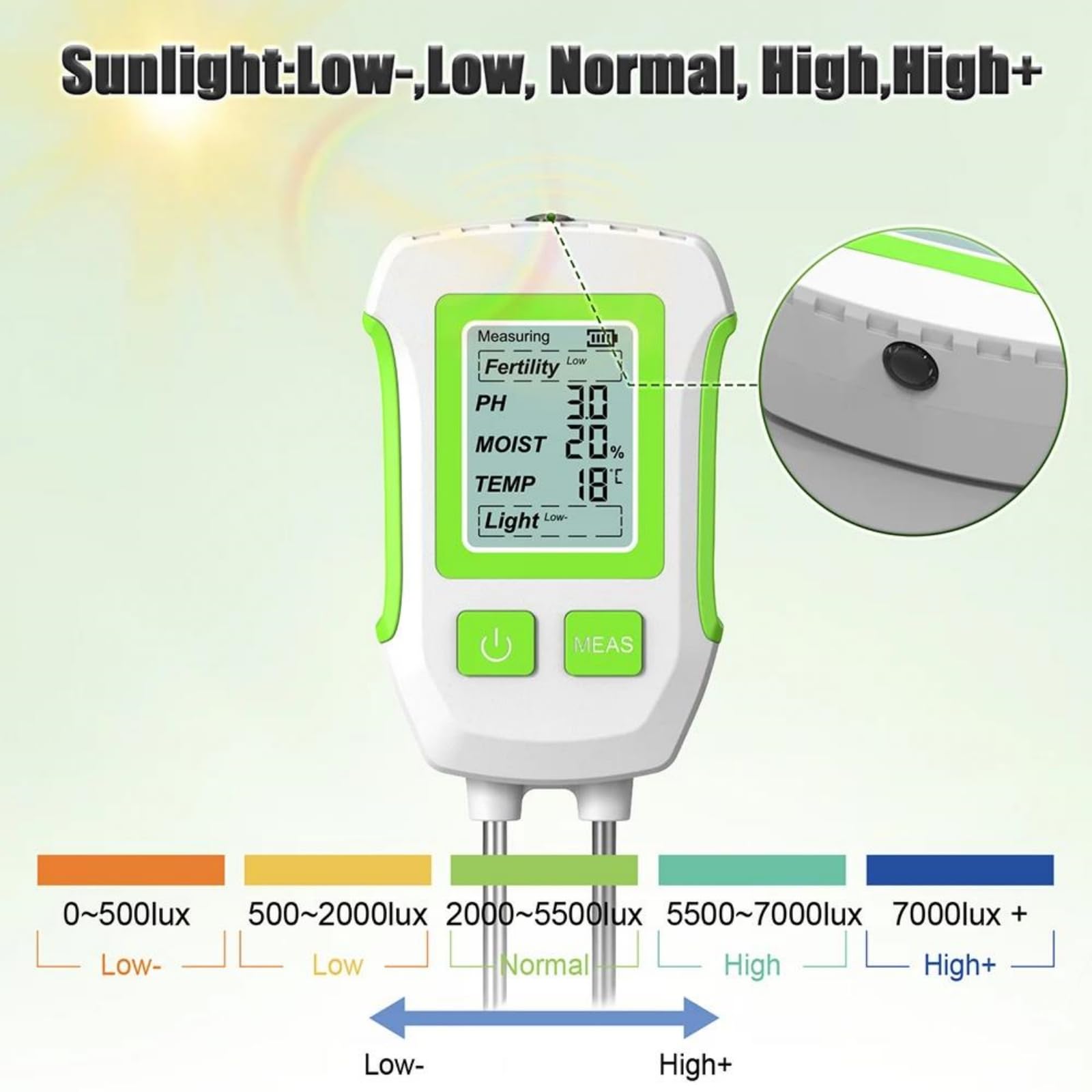 Medidor De Humedad del Suelo 5 En 1, Medidor Digital De PH del Suelo, Probador De Humedad del Suelo De Mano emperatura Y Luz Solar para Jardín, Plantación Y Macetas