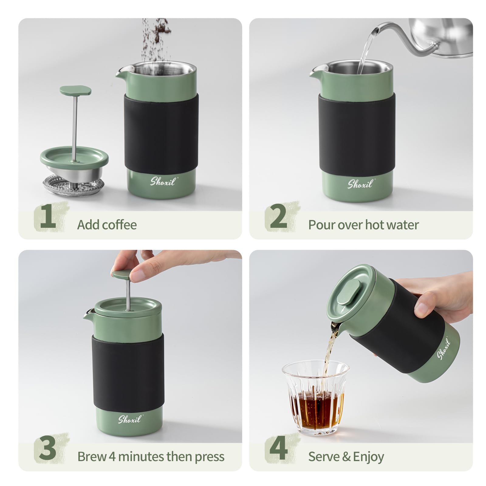 French Press Thermo – 350ml Stainless Steel Coffee Press, 2 Cup Cafetiere for Ground Coffee, Portable French Press