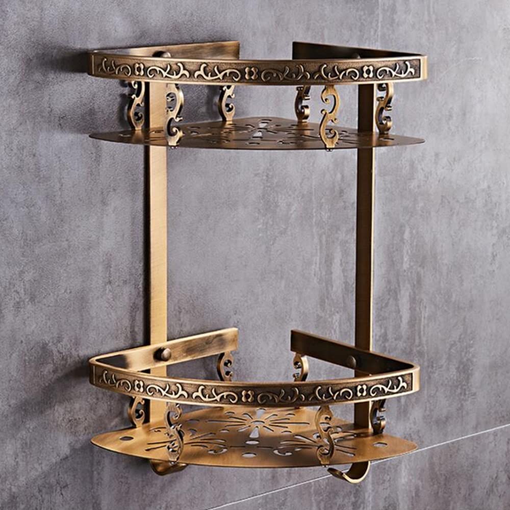 GTFDXJ Corner Shower Caddy Wall Mounted Antique Bronze Aluminum Carved Bathroom Shelf Bathroom Soap Holder Bath Shower Shelf