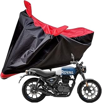 Auto Hub Bike Cover Compatible with RE Hunter 350 with Mirror Pocket,Dustproof, Windproof, Belt Buckle, Super Hunter 350 Bike Cover- Black-Red - 1 Unit