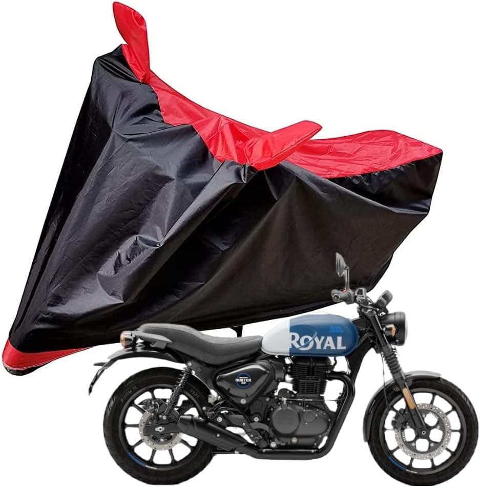 Auto Hub Bike Cover Compatible with RE Hunter 350 with Mirror Pocket, Dustproof, Heat Resistant, Triple Stitched, Hunter 350 Bike Cover- Black, Red