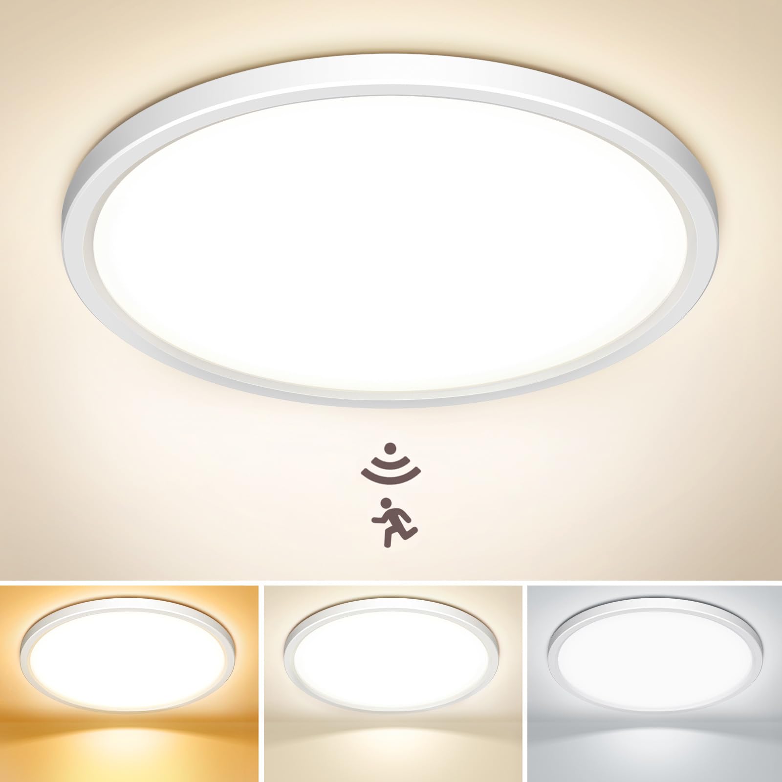 NIBSHOOM LED Deckenlampe mit Bewegungsmelder, 3000K/4000K/6500K 24W IP44 Wasserfest Deckenleuchte Innen, mit Radar Bewegungssensor und Dämmerungssensor Lampe für Flur Bad Treppe Balkon Garage, 30cm