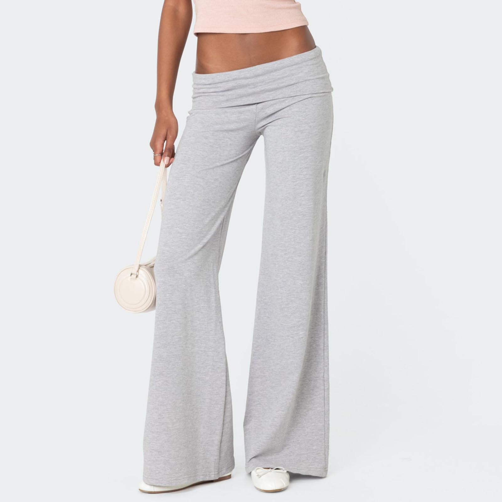 Qmlyev Wide Leg Sweatpants for Women Fold Over Low Rise Flare Yoga Lounge Pants Back to School Clothes for Teen Girls (Gray, S)
