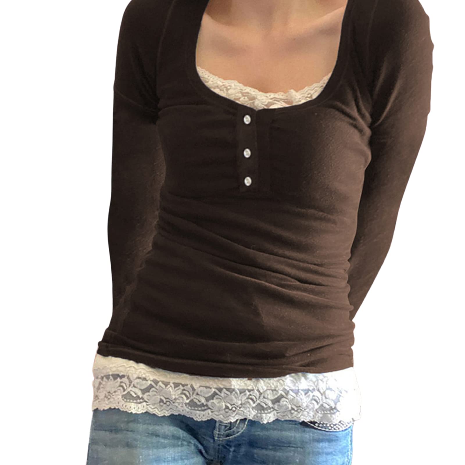 Fairy Grunge Shirts for Women Y2K Tops Long Sleeve Lace Patchwork Tees Teen Girls Vintage Slim Blouse Fall Clothes