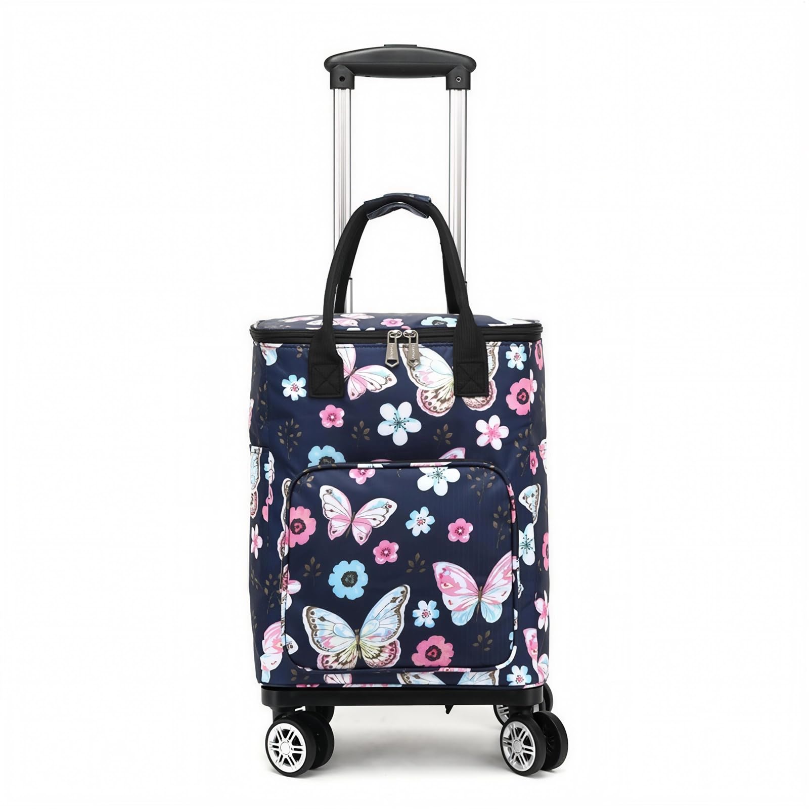 Falytemow Collapsible Utility Cart Foldable Reusable Shopping Trolley Bag with Wheels and Telescoping Handle Water-Repellent Oxford Fabric Folding Grocery Cart (Colorful Butterfly, S)
