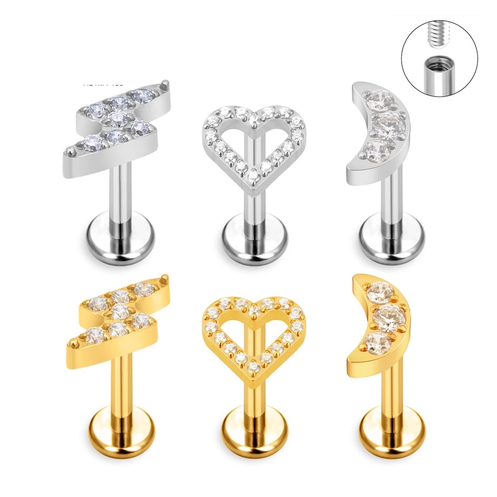 Błyskawica serce gwintowany kolczyk Stud G23 ASTM F136 tytan 16G Labret chrząstka wargi Helix przekłuwanie nosa kobiety biżuteria do ciała(1.2x6mm,10pcs A Silver)