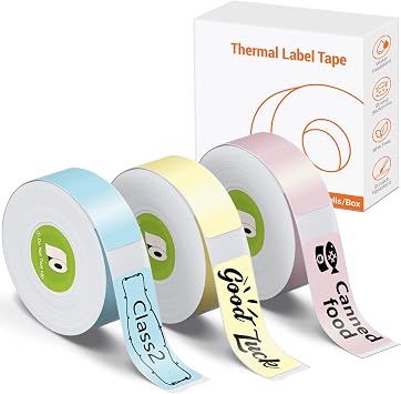 Label Maker Tape Rongta R5 Adapted Label Print Paper, 14x40mm 0.55"x1.57", Standard Laminated Waterproof Self-Adhesive Multipurpose Labeling Tape, 180 Labels/Roll Pink/Blue/Yellow-3 Rolls