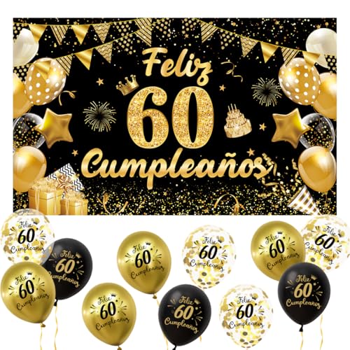 Decoração 60 aniversários espanhol, bandeira 60 aniversários 15 balões, bandeira de feliz 60 anos de aniversário, decoração 60 anos de aniversário, menina menino, kit decoração fotos para festas preto