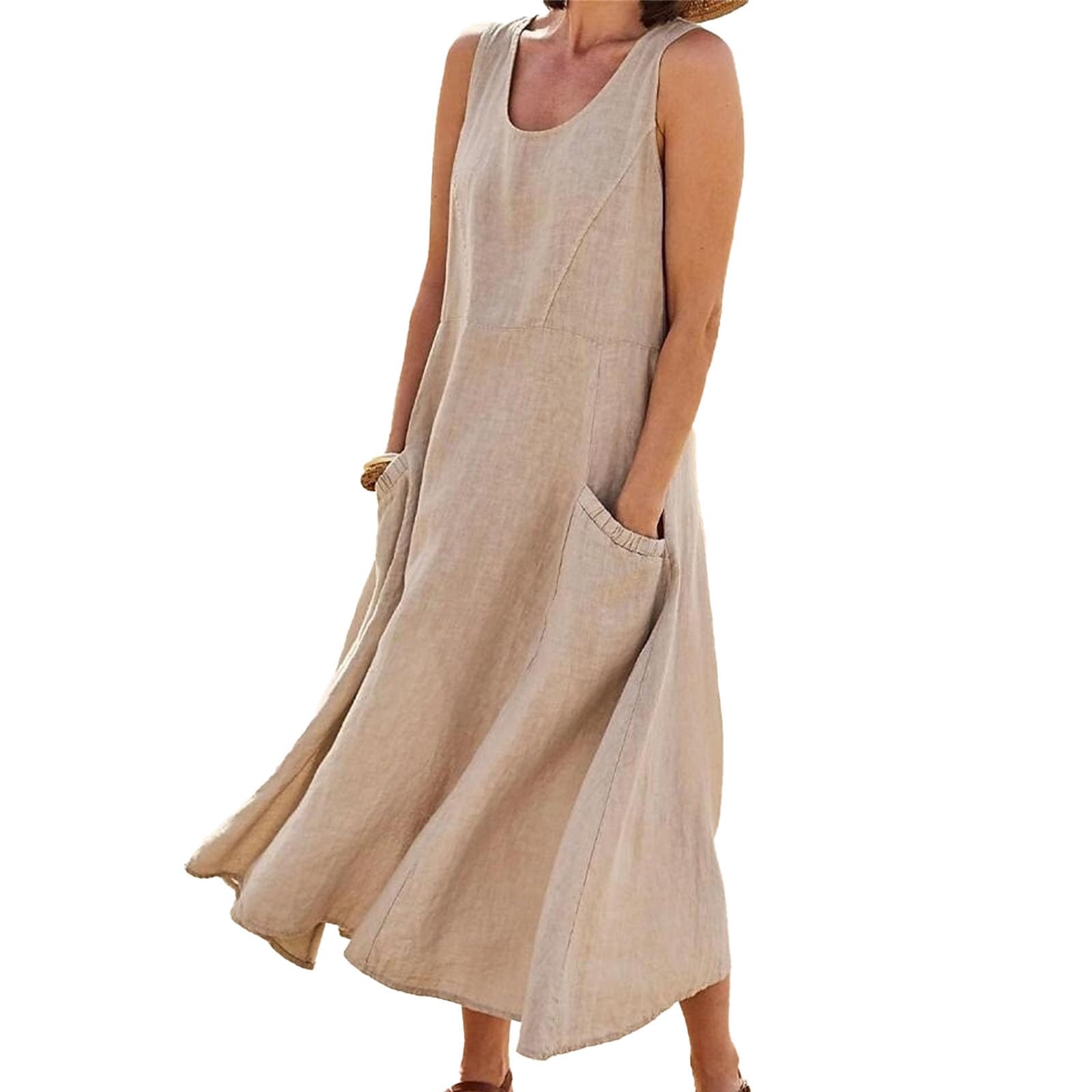 IVERIRMIN Women's Casual Cotton Linen Maxi Tank Dress Summer Long Relaxed Fit Solid Sun Dresses for Women with Pockets