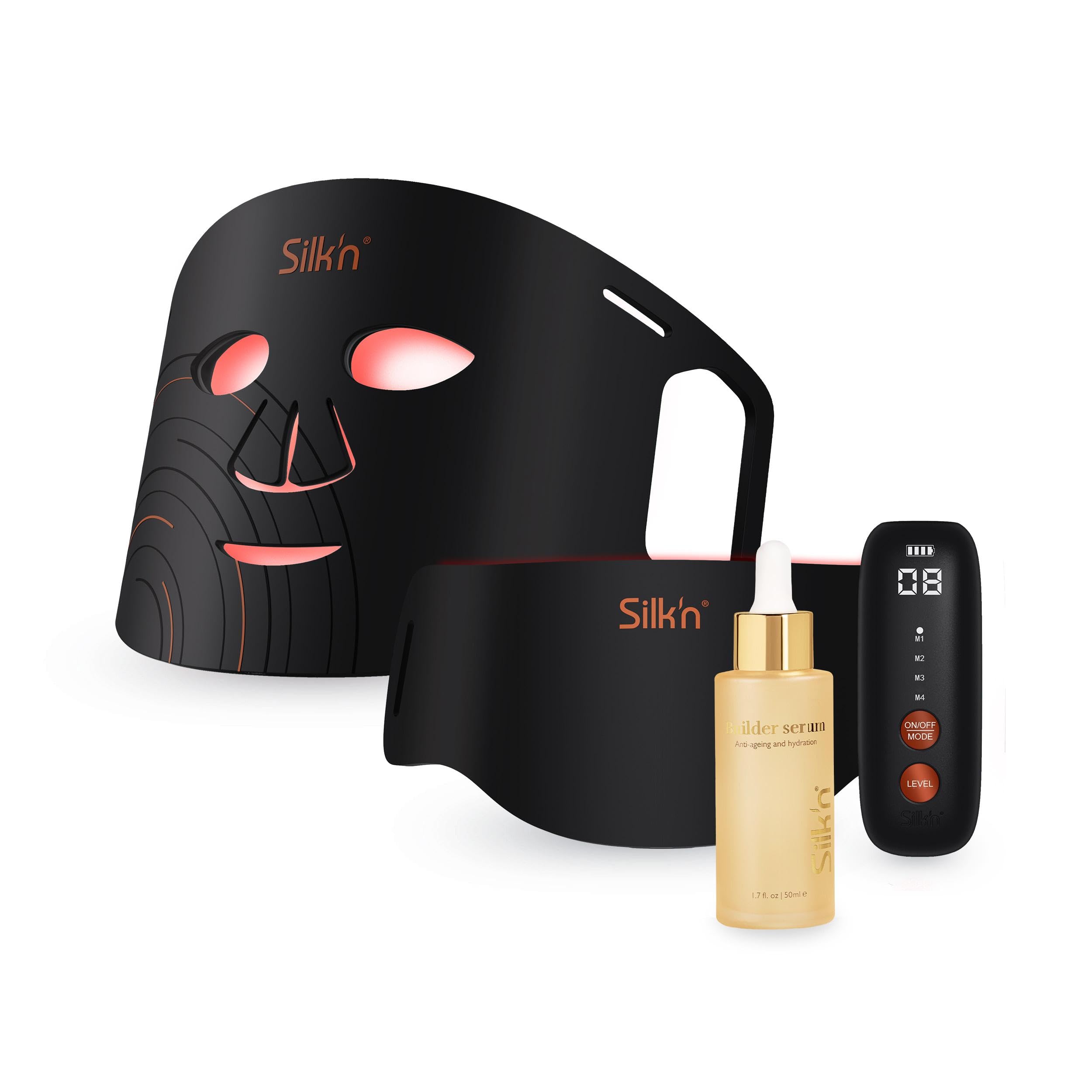 Silk'n Masque Visage et Cou LED Set - Dual LED Set - Promo pack: sérum Builder inclus - Masques pour le visage et cou avec la Lumière Rouge Anti-Âge - Noir