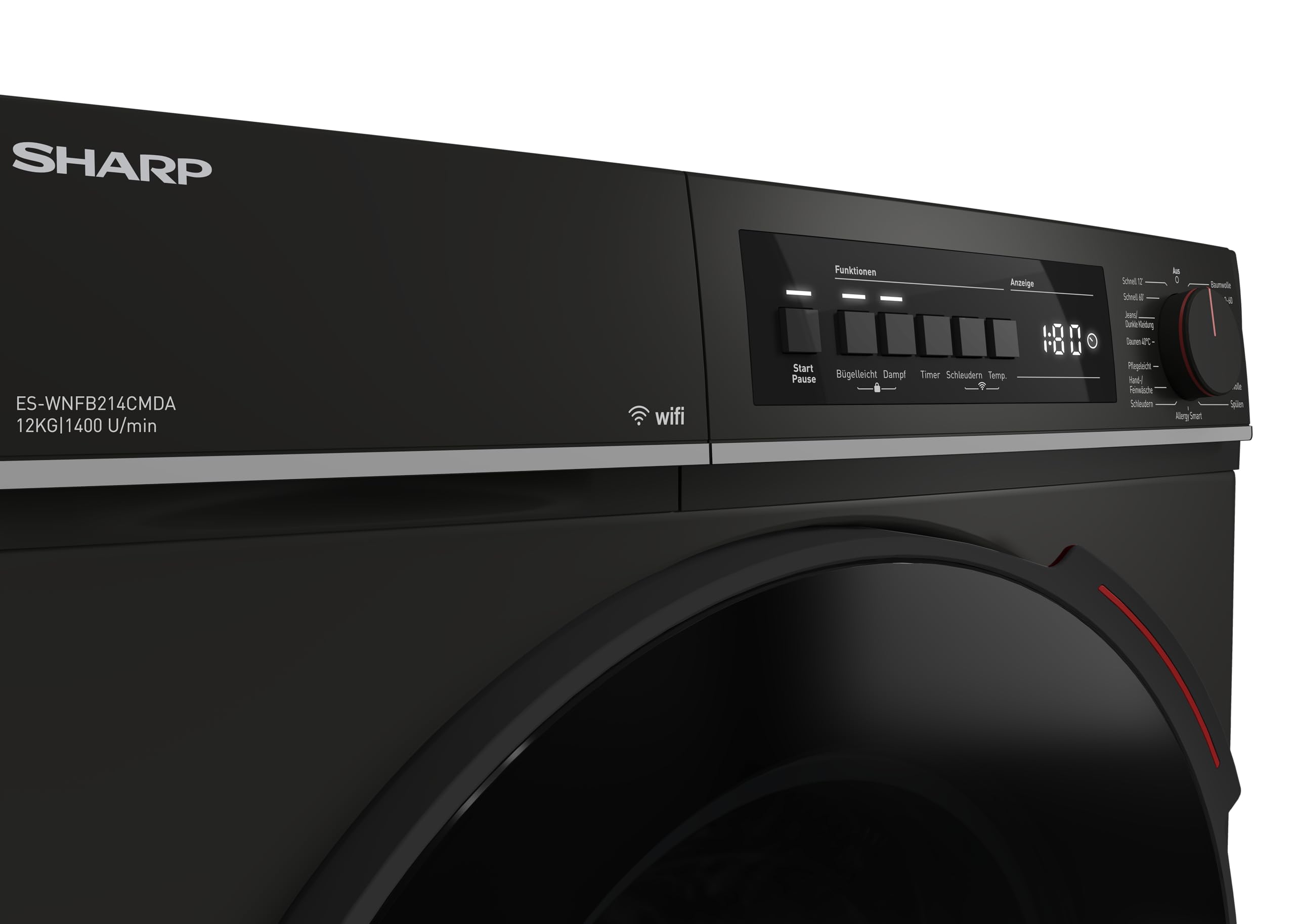 SHARP ES-WNFB214CMDA-DE Waschmaschine (12 kg, EEK A-20%, 1400 U/min.), (WiFi, Inverter Motor, Dampf, AquaStop), Mattschwarz