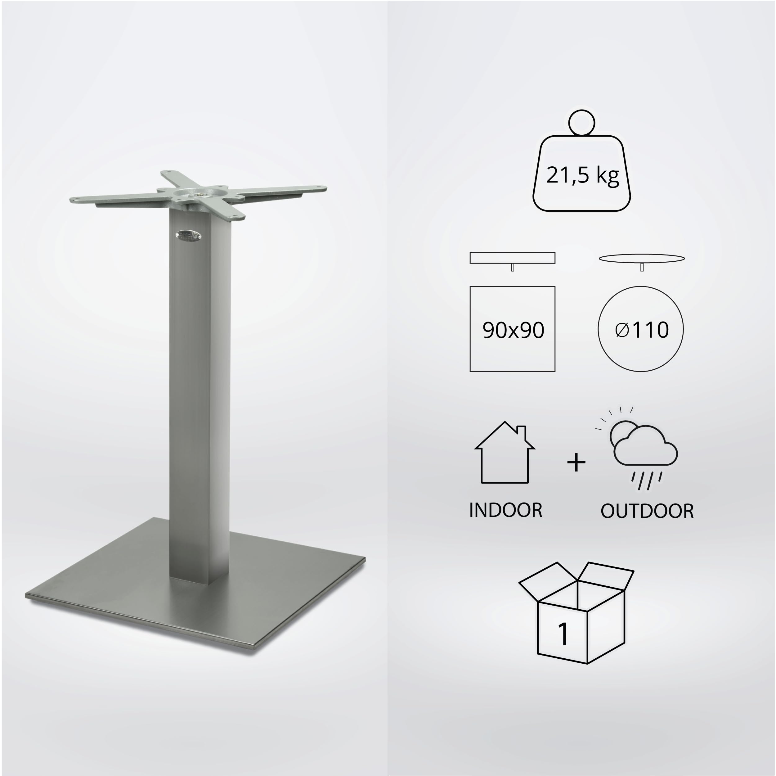 Tischgestell Tischbein Edelstahl | Premium | PD7088inox | INOX | Esstisch | Höhe 73 cm | 21,5 kg | Bodenplatte 45x45 cm | max. Tischplattengröße 90x90 / Ø 110 cm