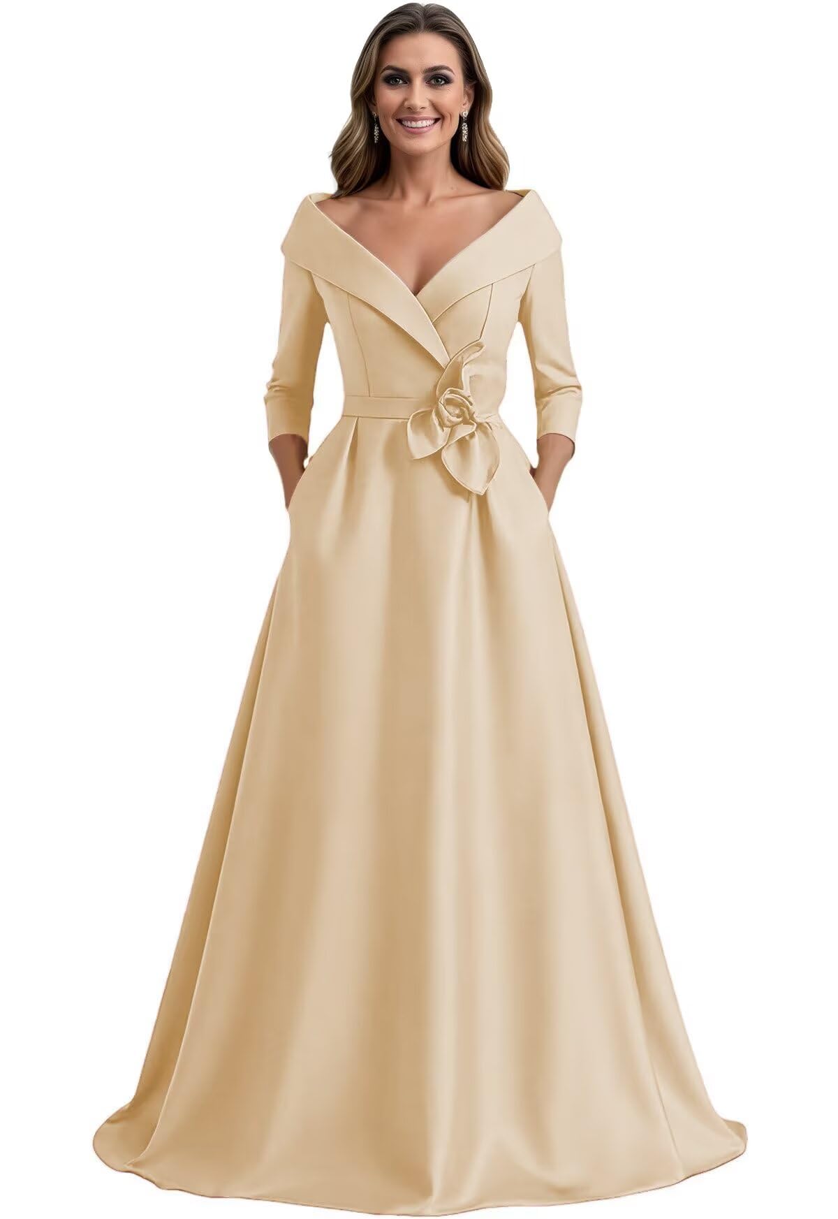 Womens Satin Mother of The Bride Dresses with Sleeves Hand Made Floral Formal Evening Gown with Pockets HM020