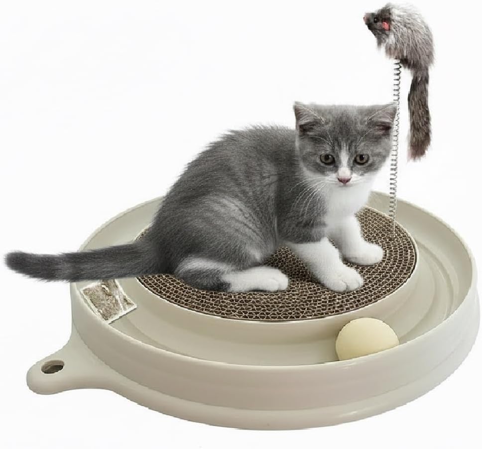 AUOON Cat Scratcher Toy with Ball Track - 3 in 1 Interactive Cat Toy, Cat Scratch Pad with Cat Ball Toy and Plush Cat Mouse Toy for Indoor Cats and Kittens (Milk Shake)