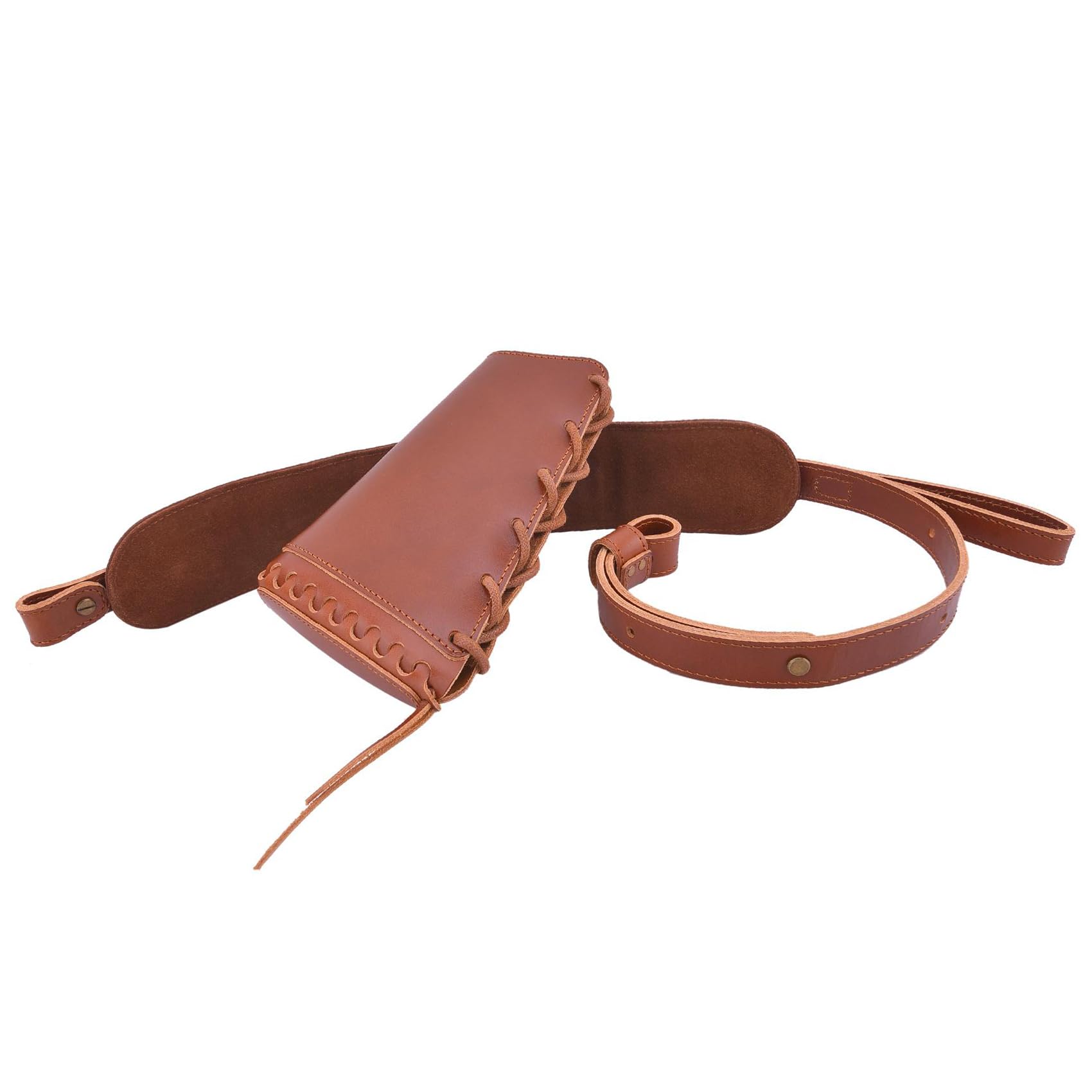 Leather Gun Buttstock Cheek Rest Pad with Matched Sling Ammo Holder for .30-30 .357 .38 .45-70 Cartridge (16 Gauge, Lefty Hand - Brown)