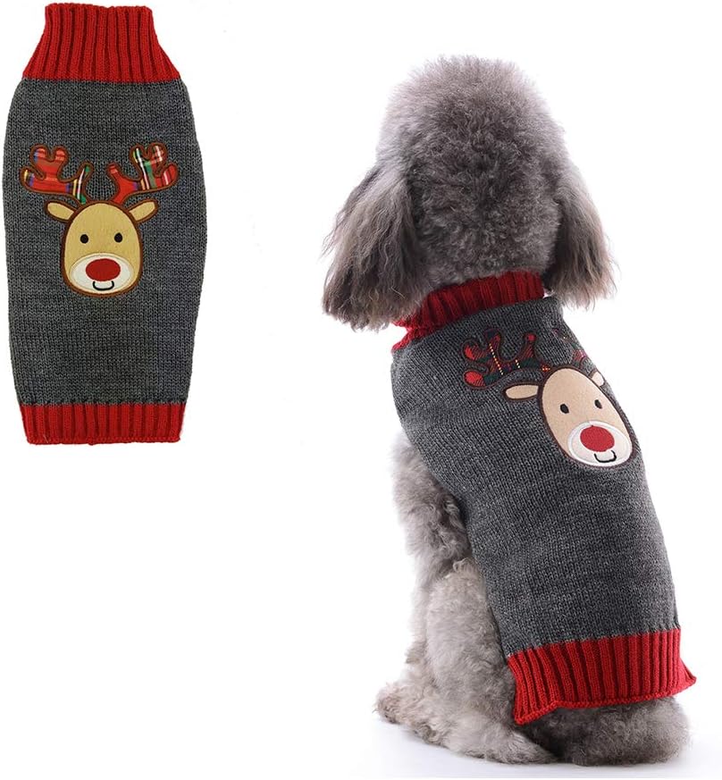 Delifur Dog Ugly Christmas Sweater Cute Reindeer Xmas Clothes Holiday Winter Sweater for Puppy Kitten Cats (L, Reindeer)
