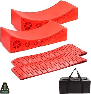 Camper Leveler, RV Leveling Blocks Work for RV Include 2Curved Levelers,2Chocks with Built-in Handle,2Mats,1Level and Bag,Easily Level up Travel Trailer Up to 35,000LBS(2-Pack) Red