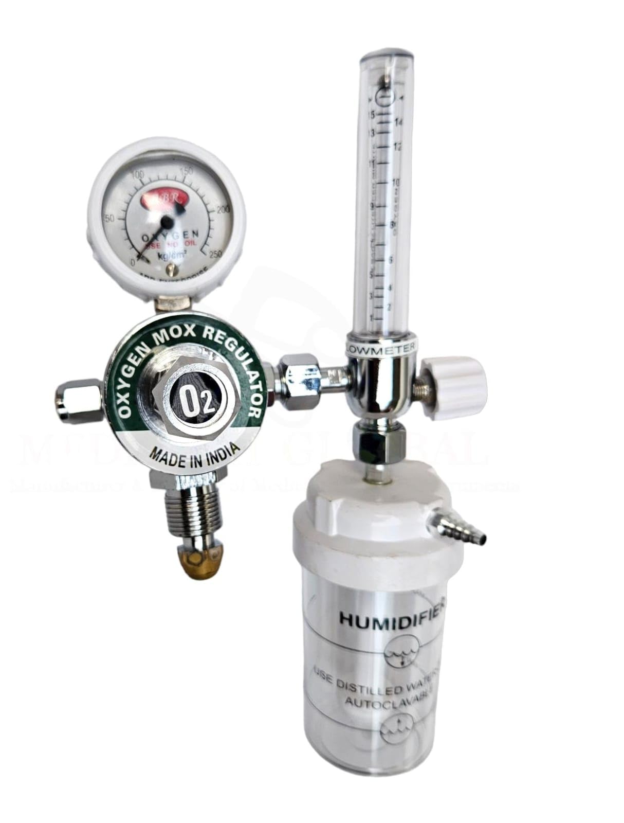 MEDITECH GLOBAL Single Gauge Single Stage Medical Oxygen Regulator (MOX Regulator) With BPC Flowmeter and Humidifier Bottle Set-image-4