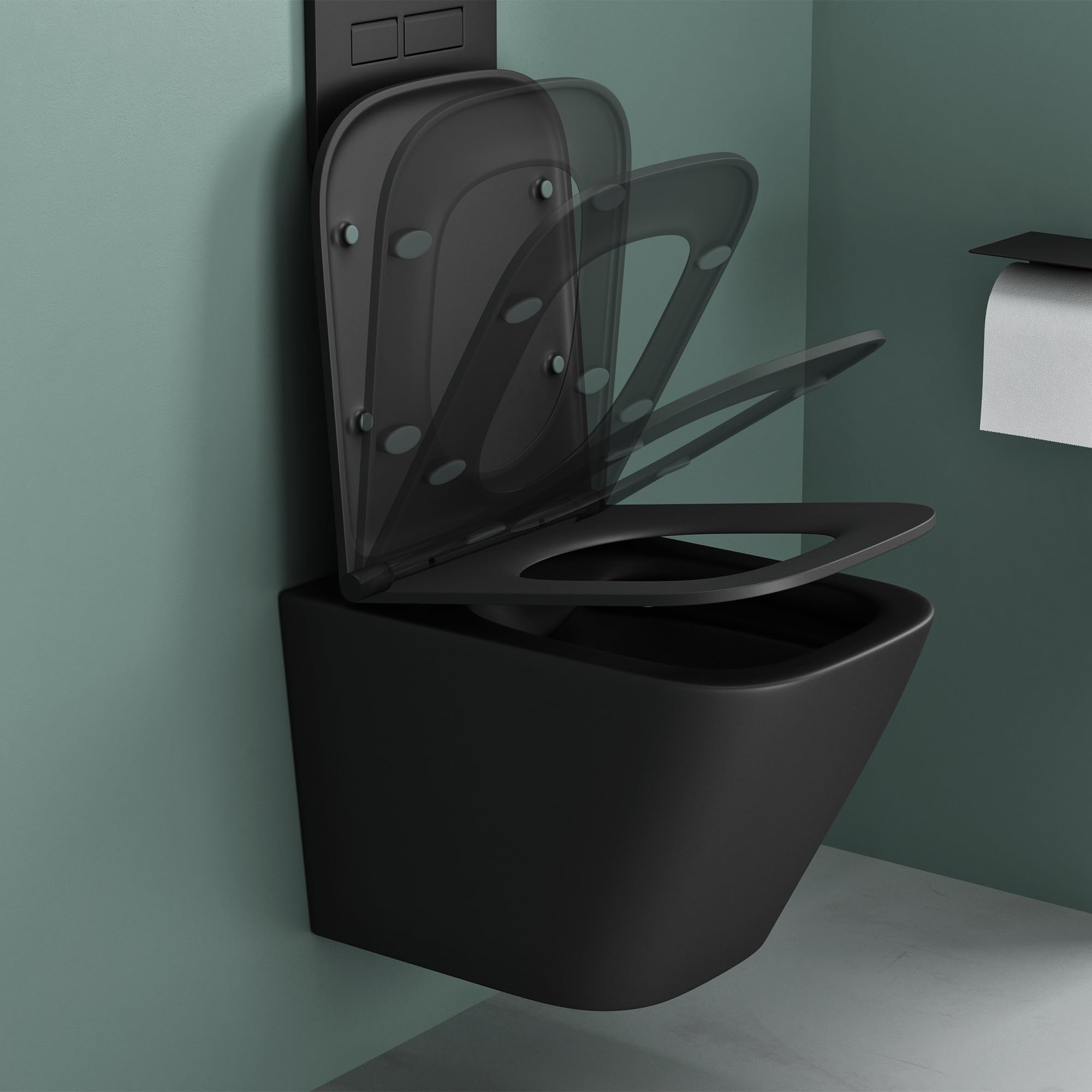 Mai & Mai Inodoro Suspendido de Cerámica – Negro Mate, Sin Reborde, Asiento con Cierre Suave, 36x52x36 cm, Aachen112