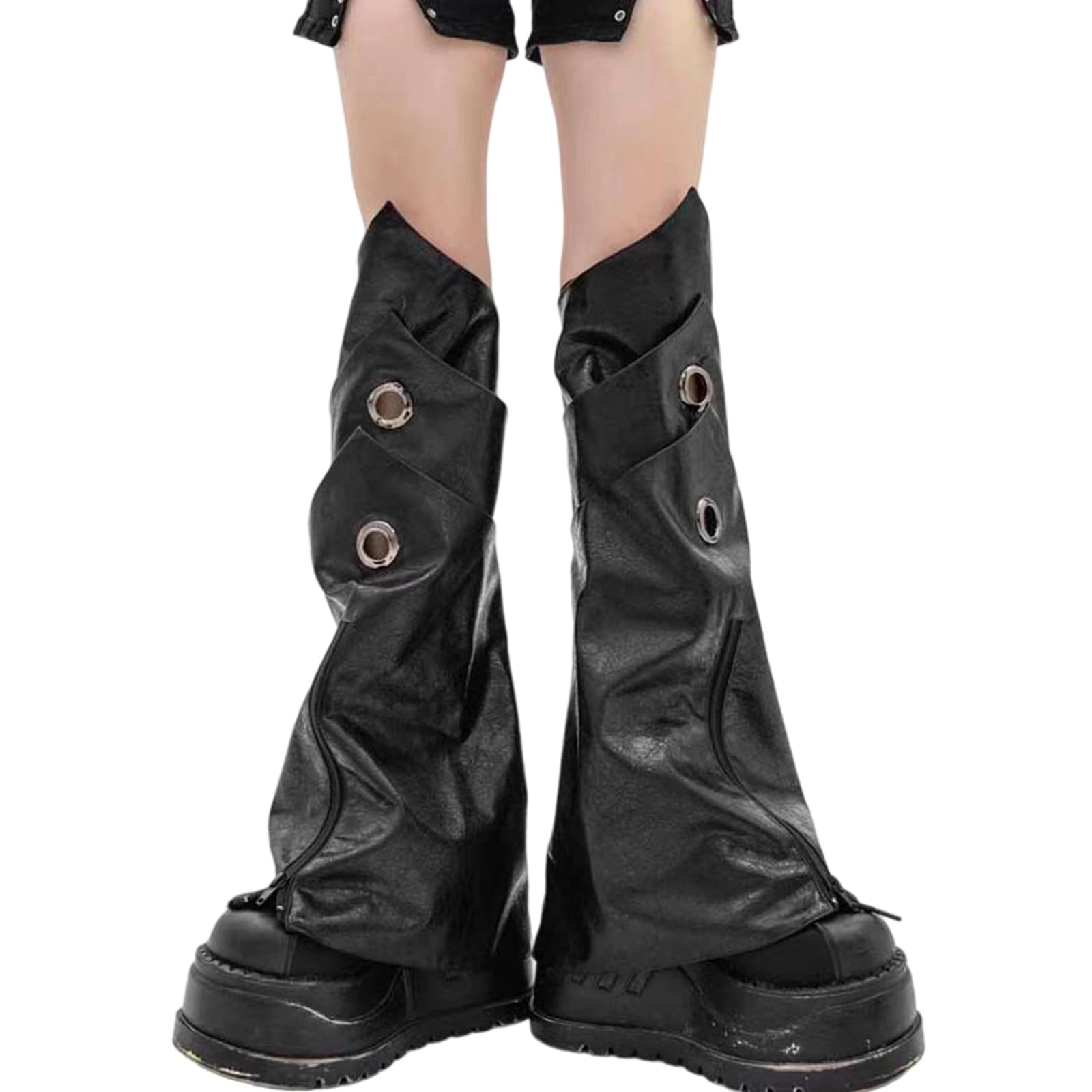 Gothic Leg Warmers for Women PU Leather Y2k Punk Goth Zipper Flared Leg Cover with Eyelet