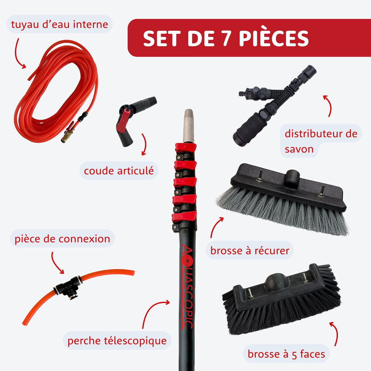 Aquascopic Manche Télescopique Aluminium 10 m avec Brosse de Nettoyage – Perche Extensible Duo pour Piscine, Toit, Panneaux Solaires, Camping-Car, Fenêtres