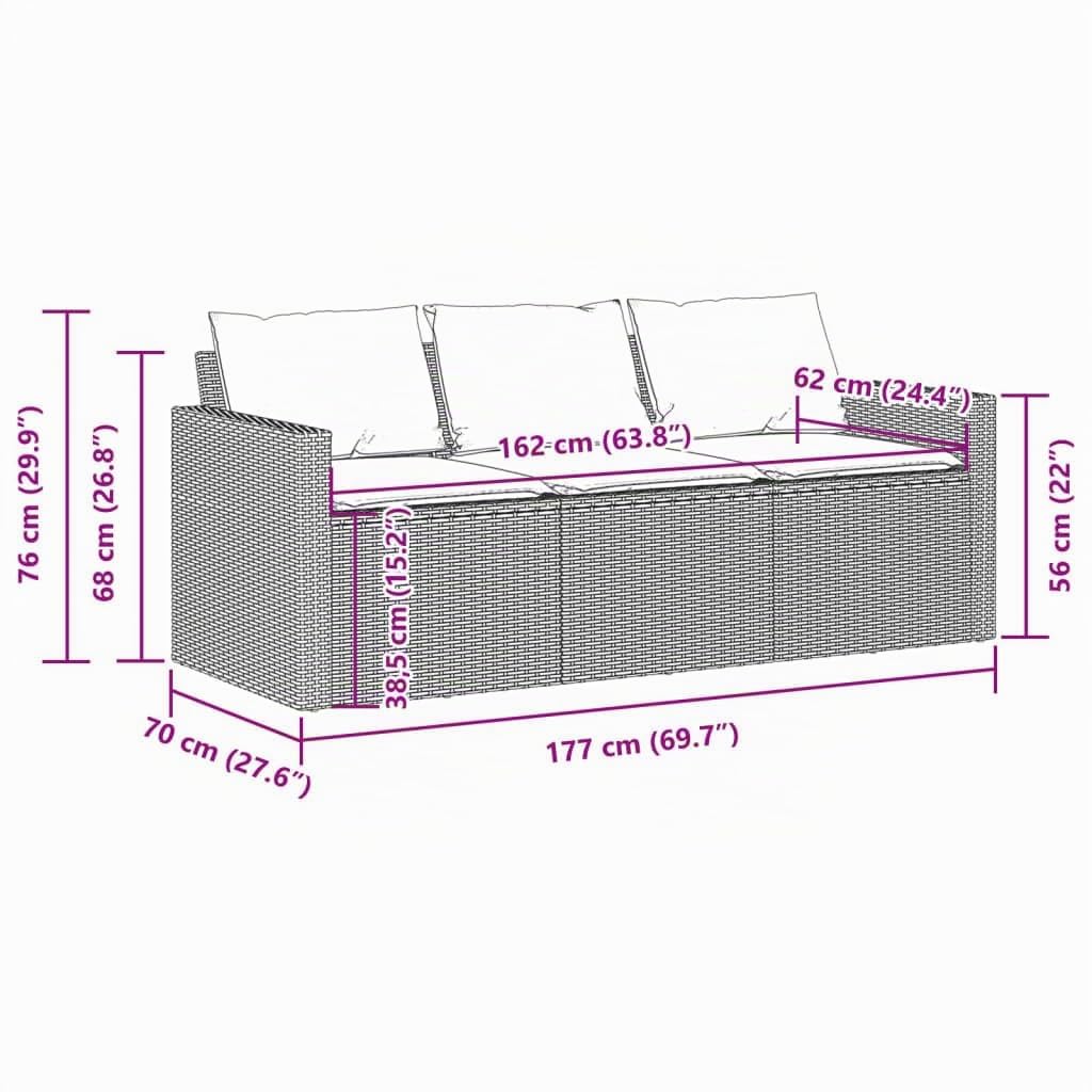 Canapé de jardin avec coussins 3 places noir résine tressée