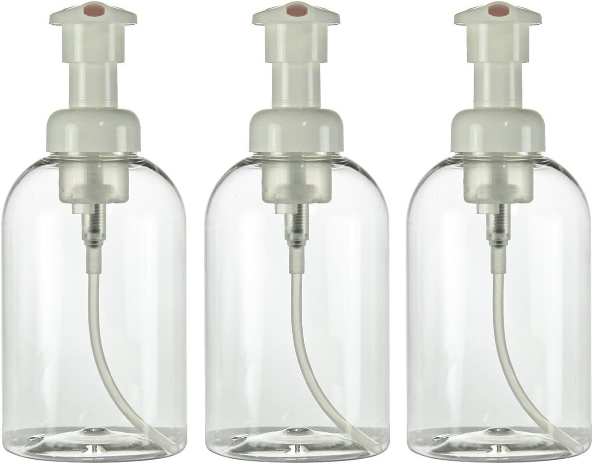Foaming Soap Dispensers, 8 oz Boston Round Clear Bottle, Tabletop Model for Kitchen or Bathroom Countertop, 3 Pack, Refillable, use with Castile Soap