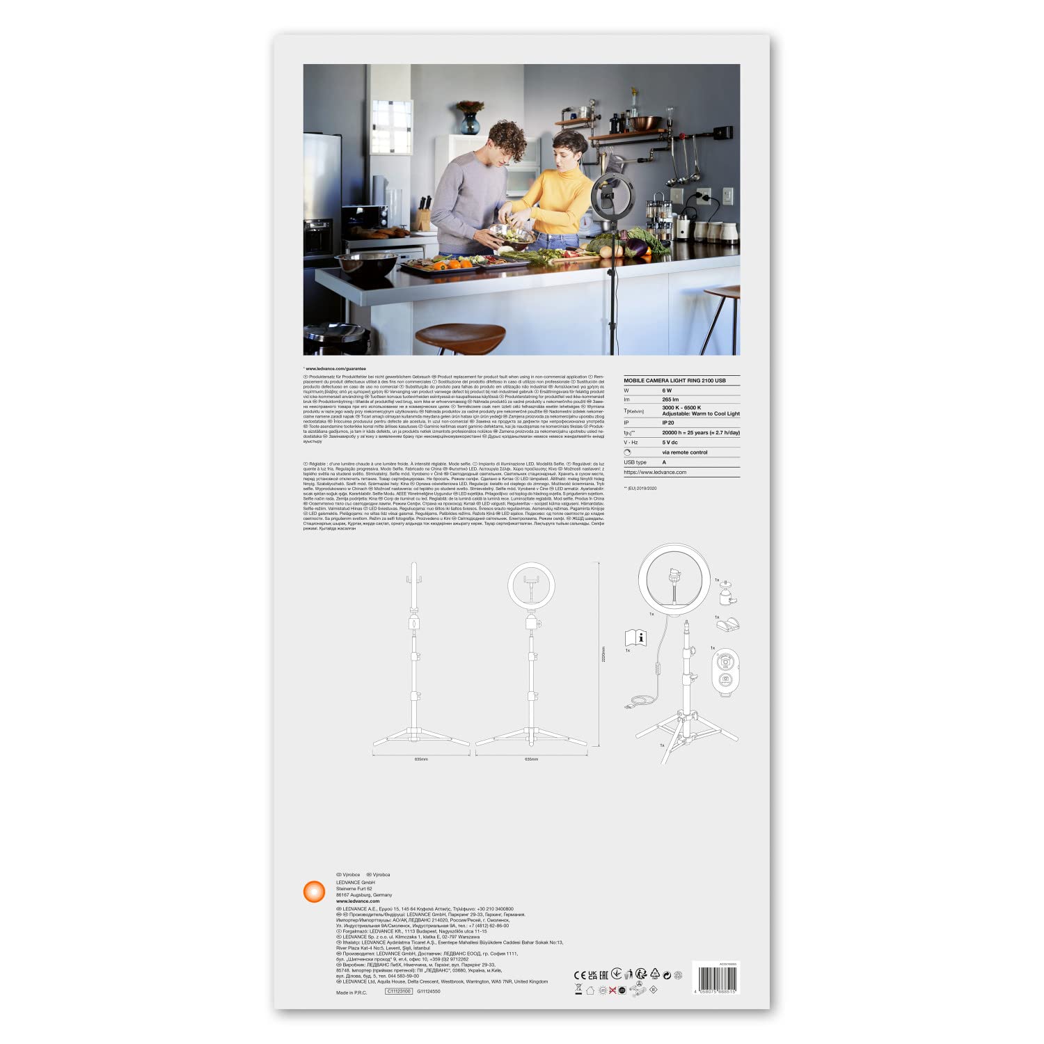 LEDVANCE Luce ad anello a LED con supporto 2100mm con connessione USB, 120 LED dimmerabili, 3000-5800k, 10W, 190mm, Luce ad anello per cellulare, make-up, fotografia con telecomando Bluetooth