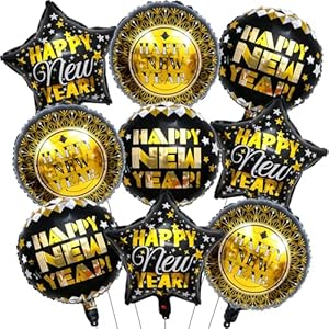 Black and Gold Happy New Year Balloons, 18 Inch New Years Balloons for 2025 New Year Decorations, New Years Eve Balloons for New Years Eve Decorations