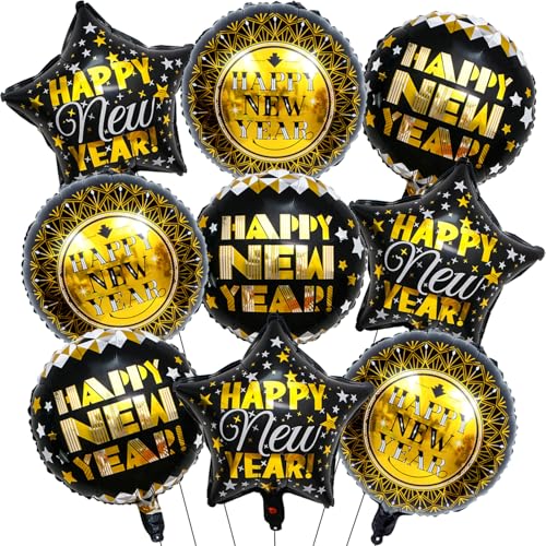 Black and Gold Happy New Year Balloons, 18 Inch New Years Balloons for 2025 New Year Decorations, New Years Eve Balloons for New Years Eve Decorations