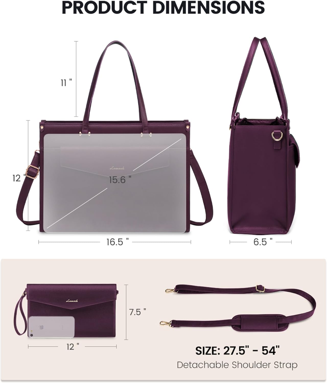 LOVEVOOK Laptop Bag for Women, 15.6'' Laptop Tote Purse 2-in-1 Professional Work Bag Business Briefcase with Clutch Purse, Waterproof Leather Computer Handbag for Teacher Office Travel - Image 8