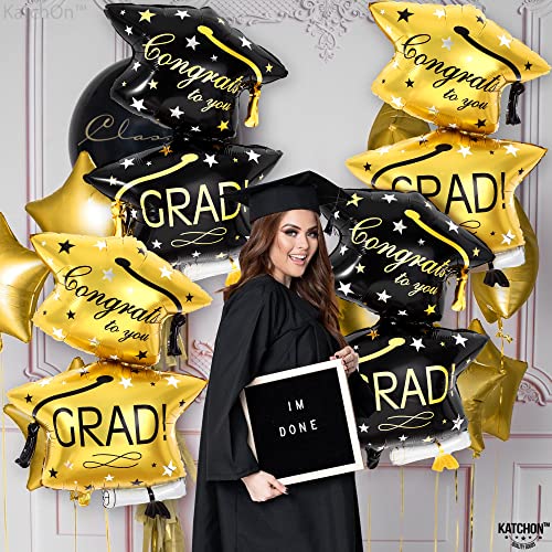 Image of Black and Gold Graduation Cap Balloon - Big, 32 Inch, Pack of 4, Graduation Decorations 2026, Congrats Grad Balloons, Graduation Balloons Class of 2026, Graduation Hat Balloons, KatchOn