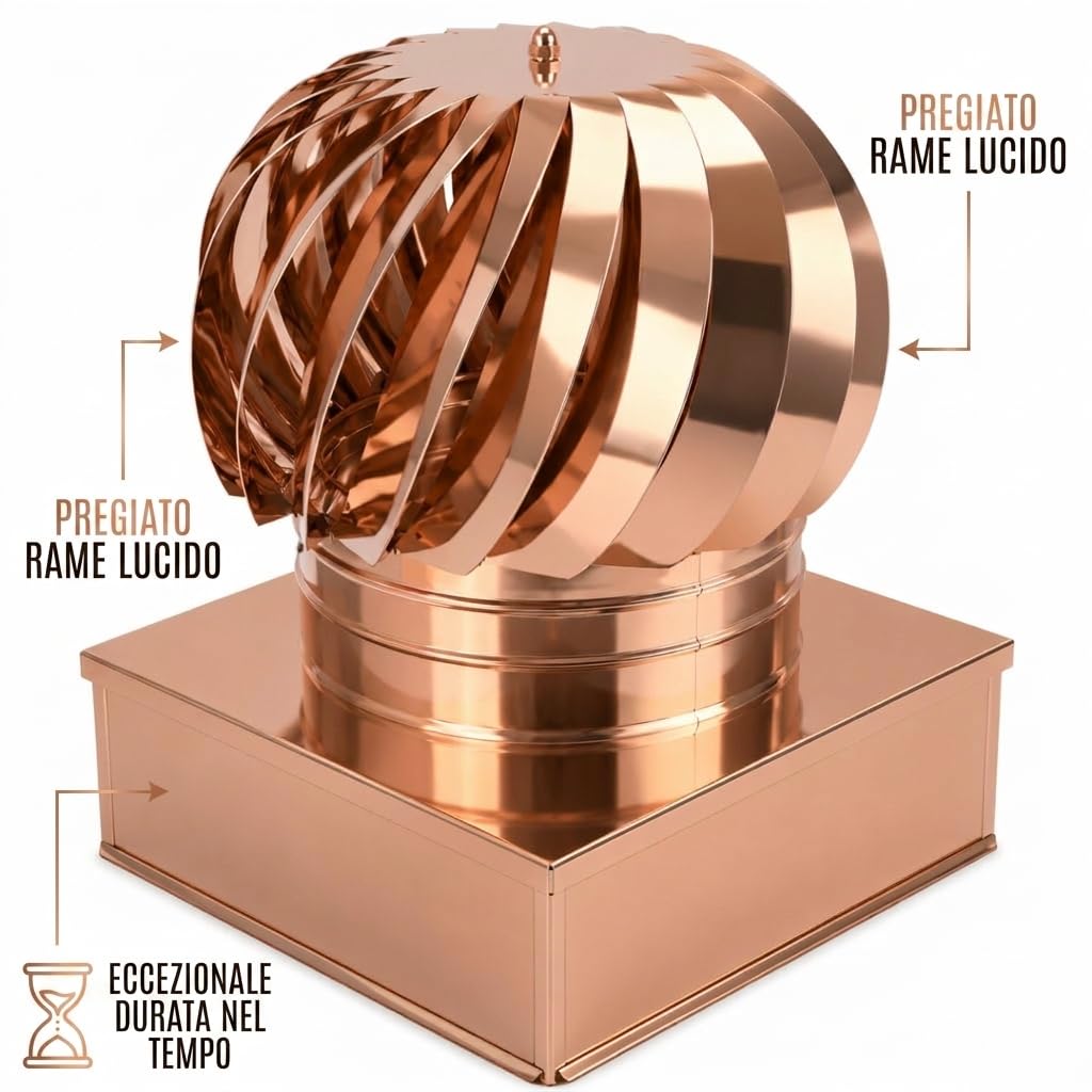 MAKA Comignolo Eolico Quadro Aspirante, Cappello Eolico per Aerazione ed Espulsione Aria, Terminale Girevole in Acciaio, Aspiratore Eolico Base Quadra (Rame, 370x370 mm)